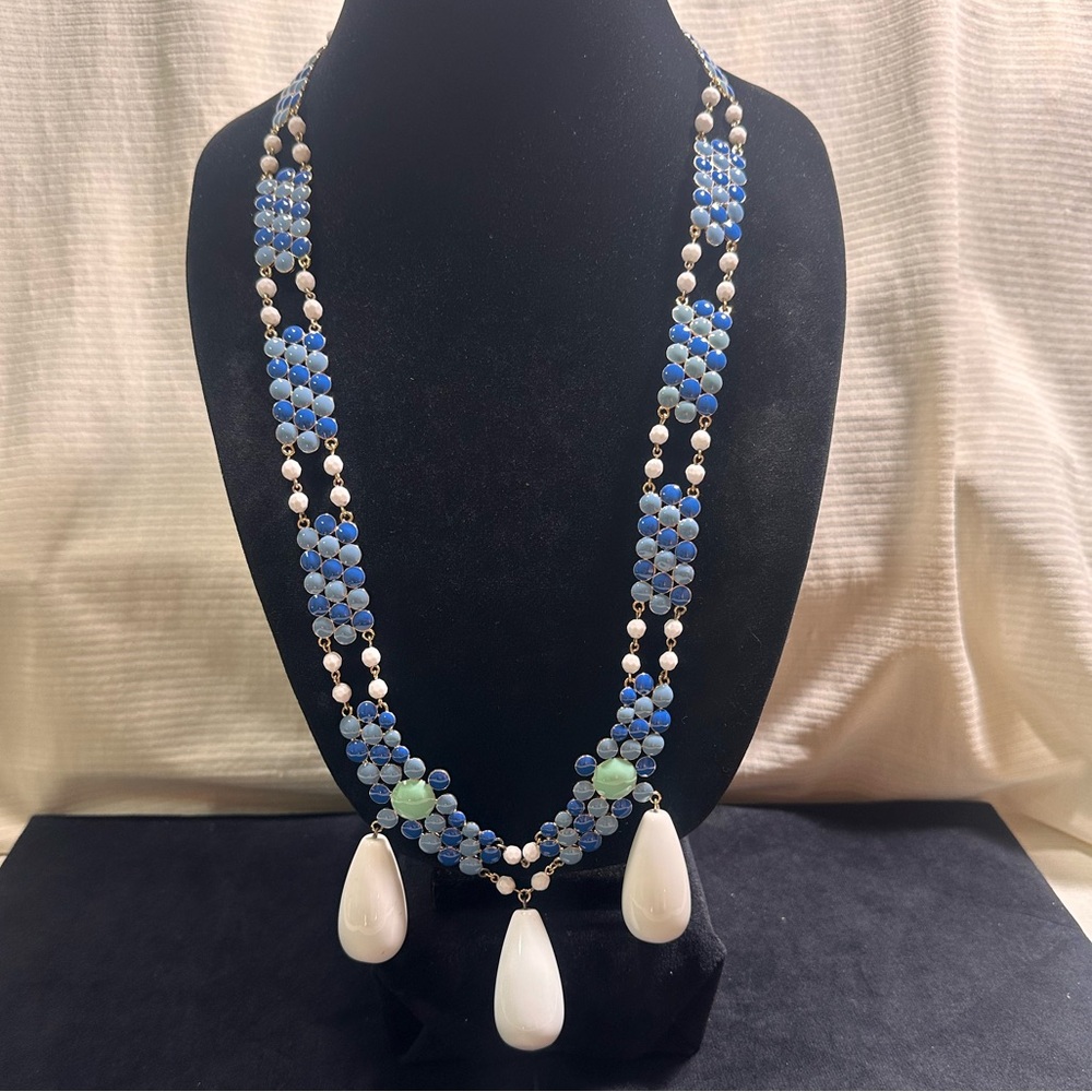 Vtg: Runway Sea Of Blue & Green Enamel, Lucite Dangle Statement Necklace